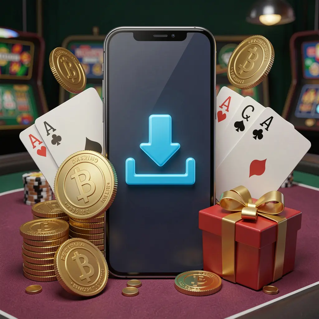 Smartphone displaying a download icon surrounded by golden coins, a gift box, and playing cards in a realistic 3D illustration representing XE99 casino app download concept with a modern mobile gaming atmosphere