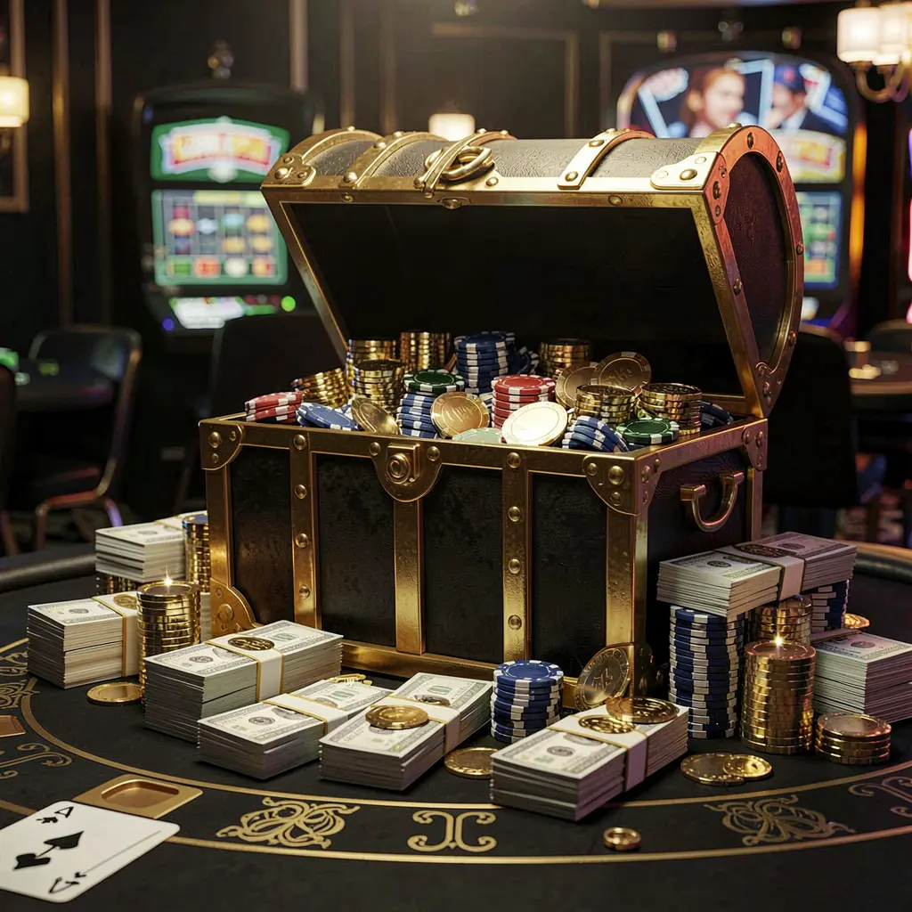 XE99 casino rewards scene featuring a golden treasure chest overflowing with chips, cash bundles, and sparkling coins in an elegant black and gold style with dramatic lighting