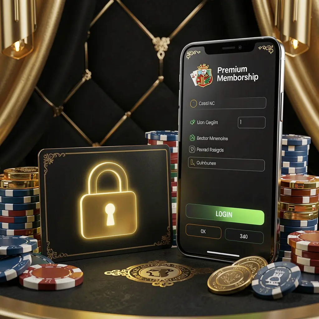 XE99 casino member login concept featuring a premium membership card beside a smartphone with a glowing lock symbol, surrounded by poker chips and coins on a black and gold luxury background