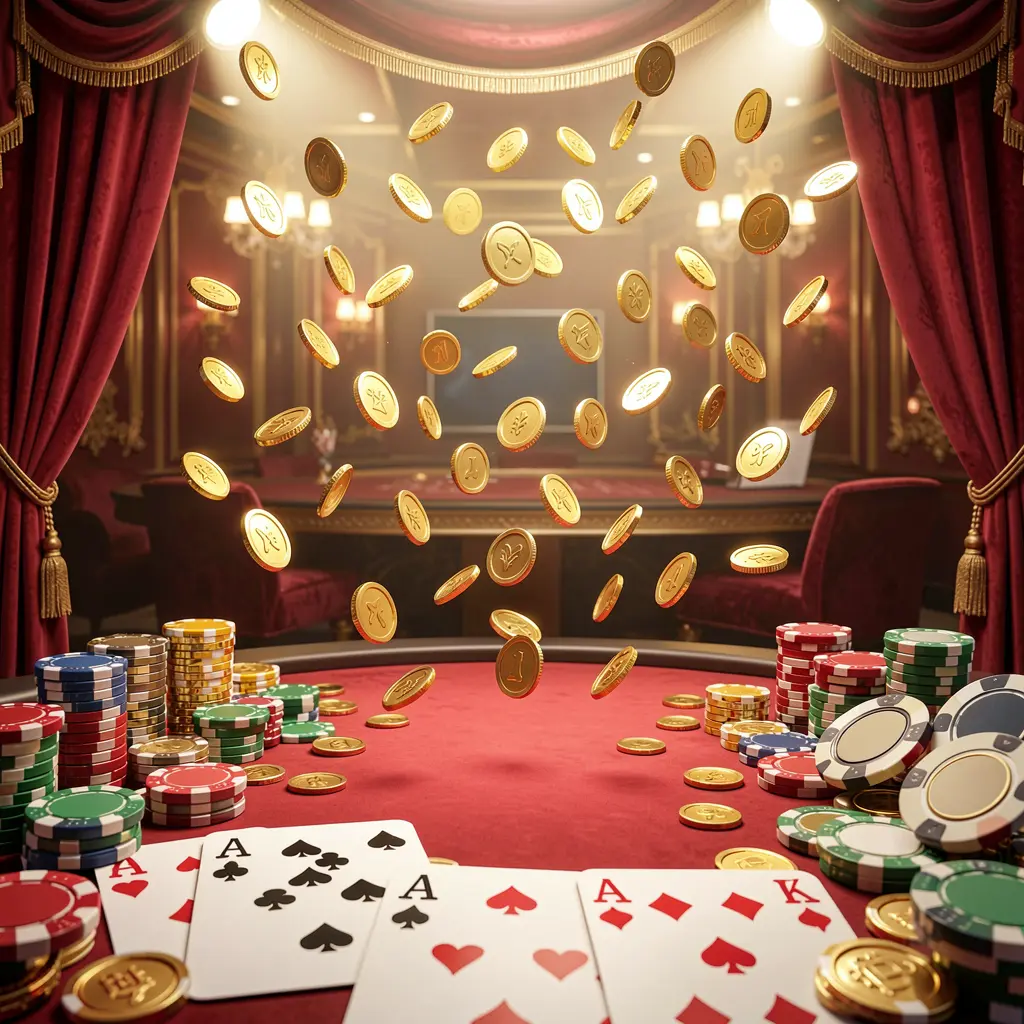 XE99 online gaming platform homepage banner featuring bright casino lights, golden coins raining, poker chips and playing cards in the foreground with a luxury red and gold atmosphere in a high detail 3D render