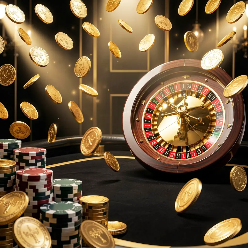 XE99 online casino main page background with dramatic casino lights, golden coins flying, stacked poker chips in the foreground, and a roulette wheel behind in a luxury black and gold atmosphere